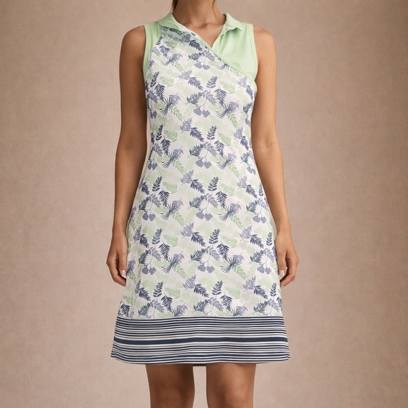 tee time Dresses & Skirts - One-Shoulder Sleeveless Dress in Mint & Navy Leaf Print